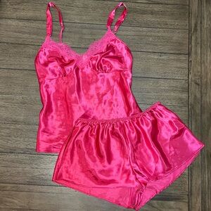 Lilac + London Pink Satin Lace Cami & Shorts Pajama Set Medium Y2K Loungewear
